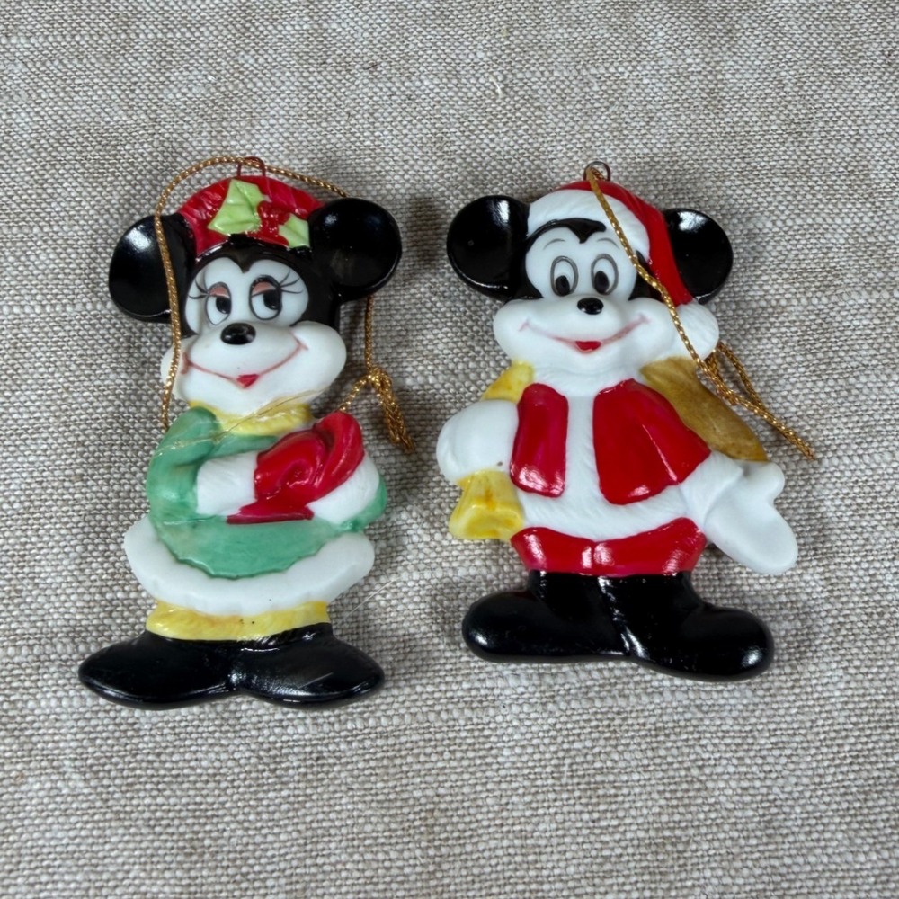 Vintage Disney Mickey and Minnie Ceramic Christmas Ornaments Japan Set